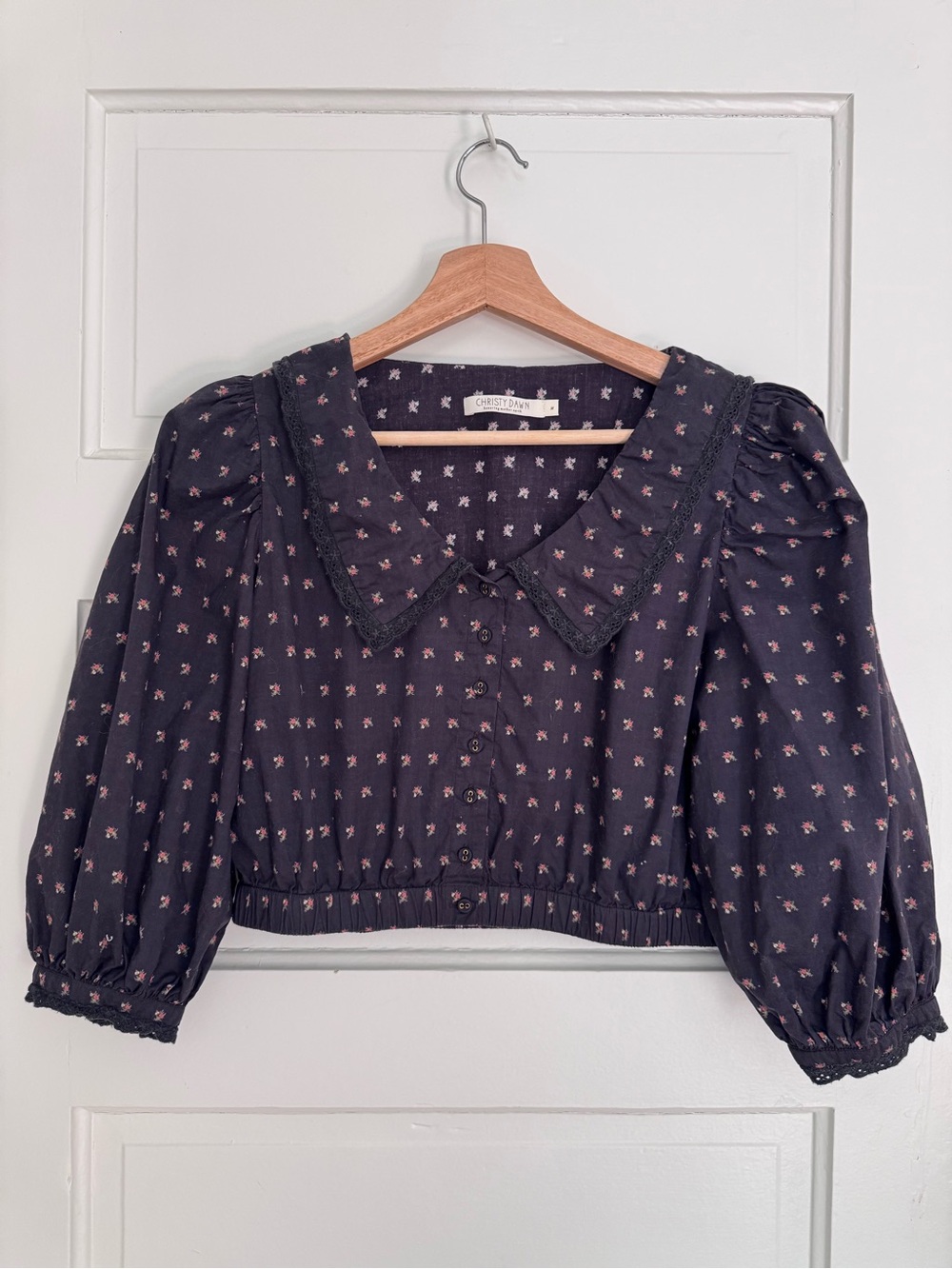 Christy Dawn Black Floral Peter Pan Collar Crop Blouse